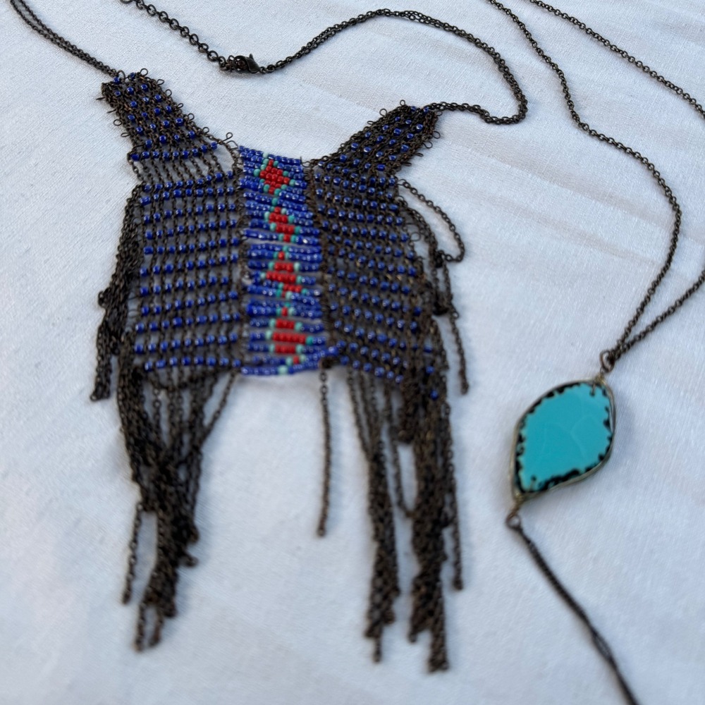 Vintage Beaded Chain Bib Necklace Blue Red Turquoise Festival Burning Man Boho